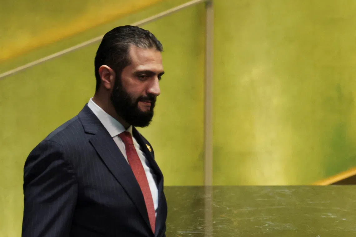 Syrian President Ahmed al-Sharaa arrives to address the 80th United Nations General Assembly at the U.N. headquarters in New York, U.S., September 24, 2025. REUTERS/Jeenah Moon