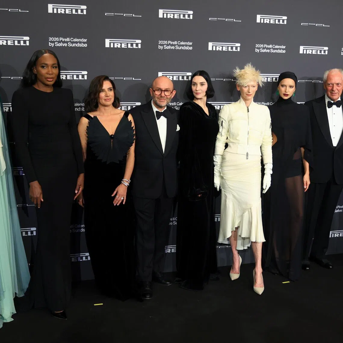 (From left) Gwendoline Christie, Venus Williams, Luisa Ranieri, Solve Sundsbo, Susie Cave, Tilda Swinton, Irina Shayk, Marco Tronchetti Provera and Eva Herzigova arriving for the 2026 Pirelli calendar launch gala on Nov 14.