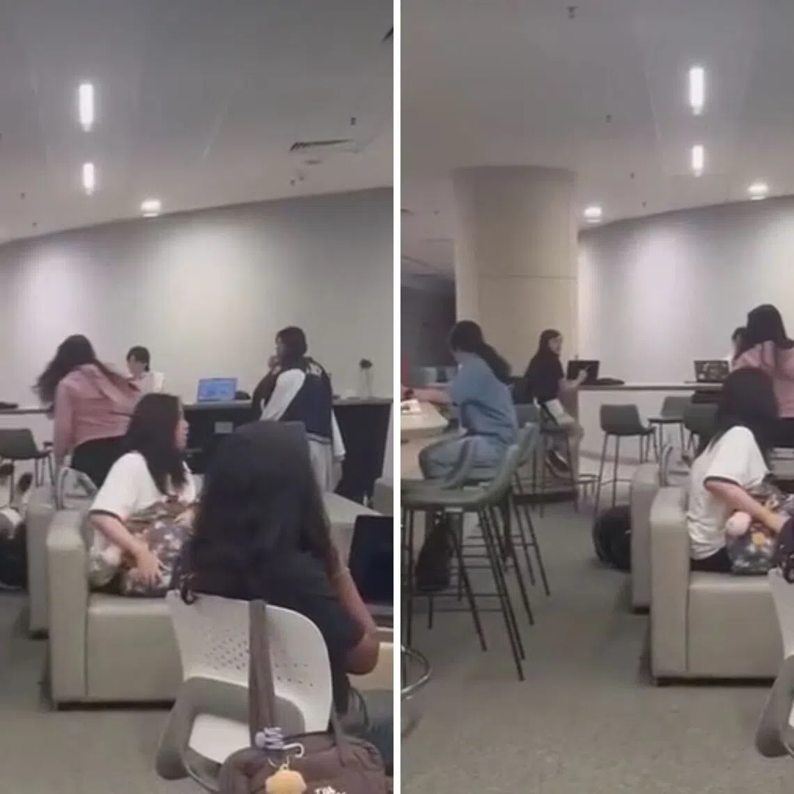 In a video circulating on social media, a woman in a pink hoodie can be seen kicking an older woman who is lying on the ground.