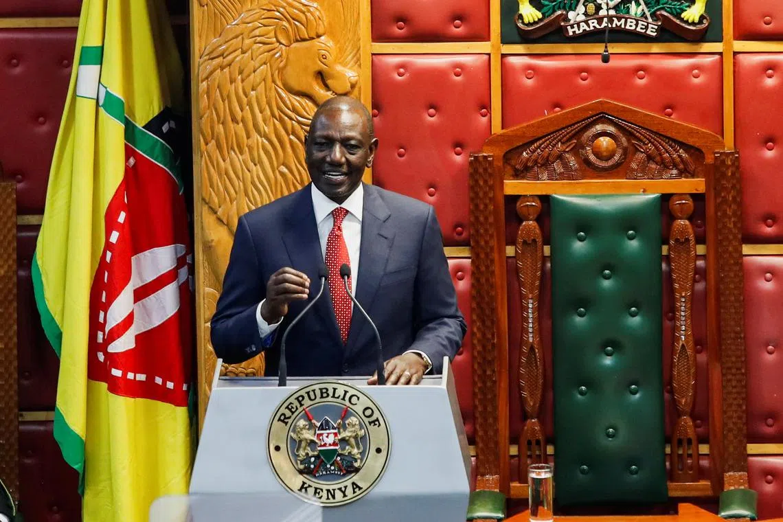 Kenya's President William Ruto addresses a joint sitting of Parliament, with members of both the Senate and the National Assembly of the 13th Parliament at the National Assembly Chamber in Nairobi, Kenya November 21, 2024. REUTERS/Monicah Mwangi/File Photo
