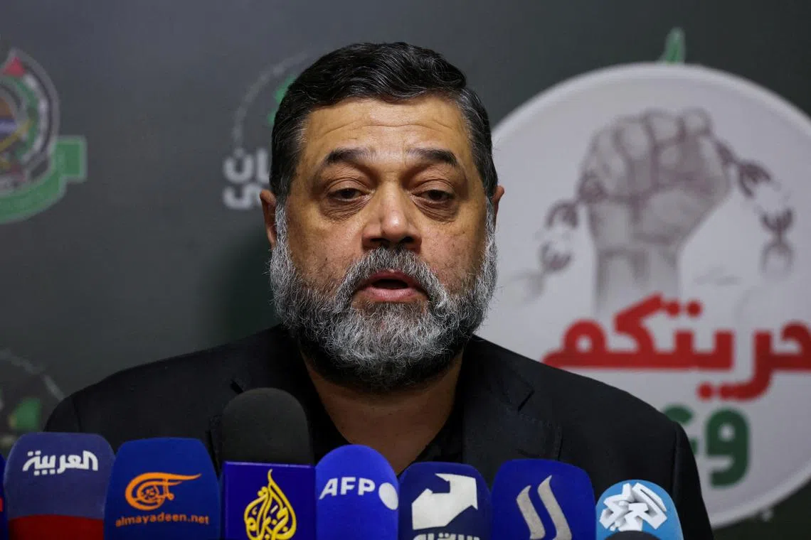 FILE PHOTO: Hamas official Osama Hamdan speaks during a press conference, amid the ongoing conflict between Israel and Hamas, in Beirut, Lebanon June 4, 2024. REUTERS/Mohamed Azakir/File Photo