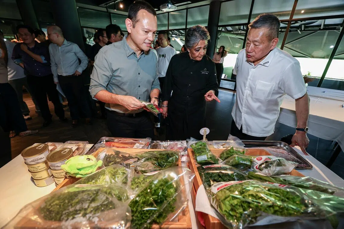 Acting Minister-in-charge of Muslim Affairs Zaqy Mohamad, Coriander Leaf founder and culinary director Samia Ahad, and SAFEF chairman Thomas Pek viewing an assortment of produce under the SG Farmers’ Market brand.