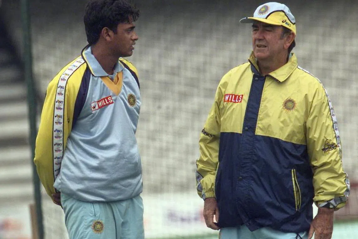 India cricketer Debashish Mohanti with Bobby Simpson, the Australian coach working with the team, during practice at the Oval, London on June 3, 1999, before the Cricket World Cup match against Australia.