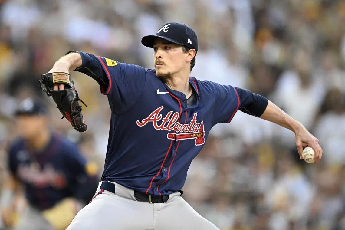 Oct 2, 2024; San Diego, California, USA; Atlanta Braves pitcher Max Fried (54) throws during the first inning of game two in the Wildcard round for the 2024 MLB Playoffs against the San Diego Padres at Petco Park. Denis Poroy-Imagn Images/File Photo