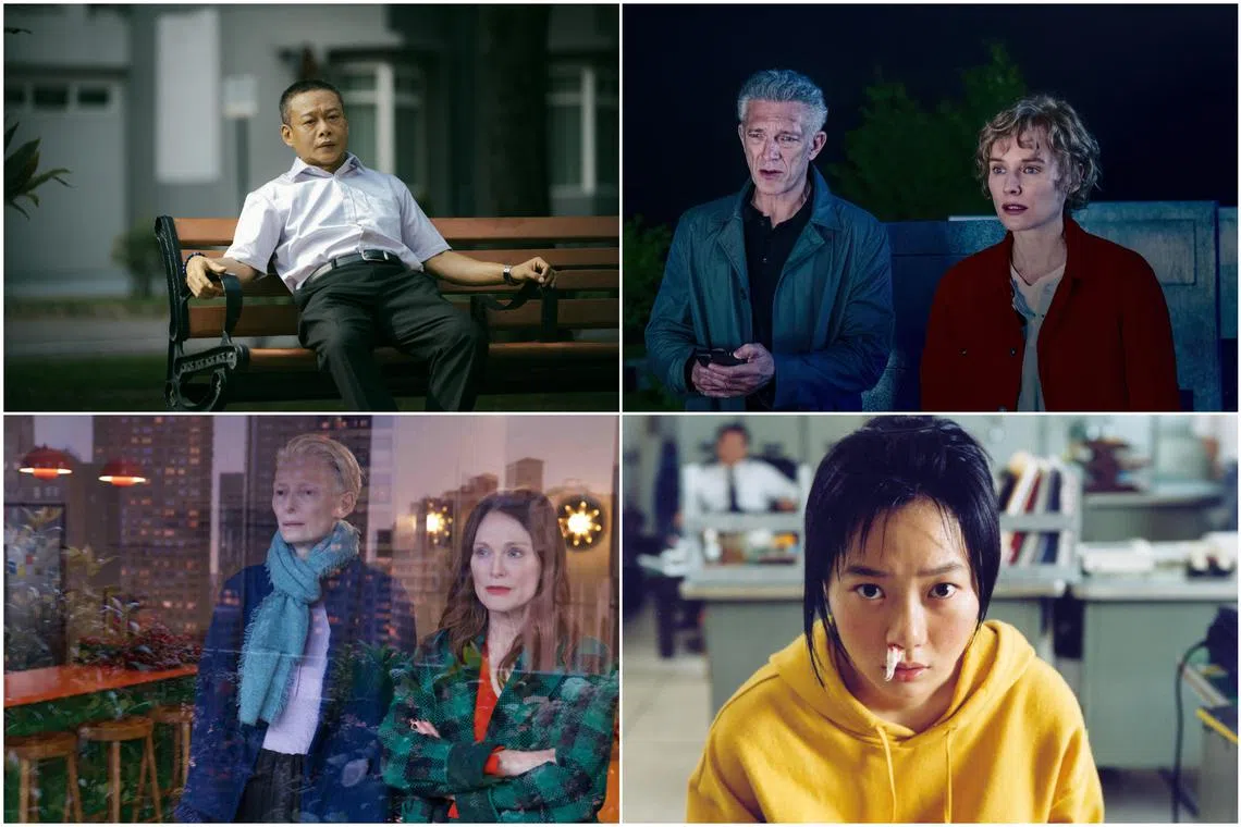 (Clockwise from top left) Lee Kang-sheng in Stranger Eyes, Vincent Cassel and Diane Kruger in The Shrouds, Bae Doona in Barking Dogs Never Bite, and Julianne Moore and Tilda Swinton in The Room Next Door.