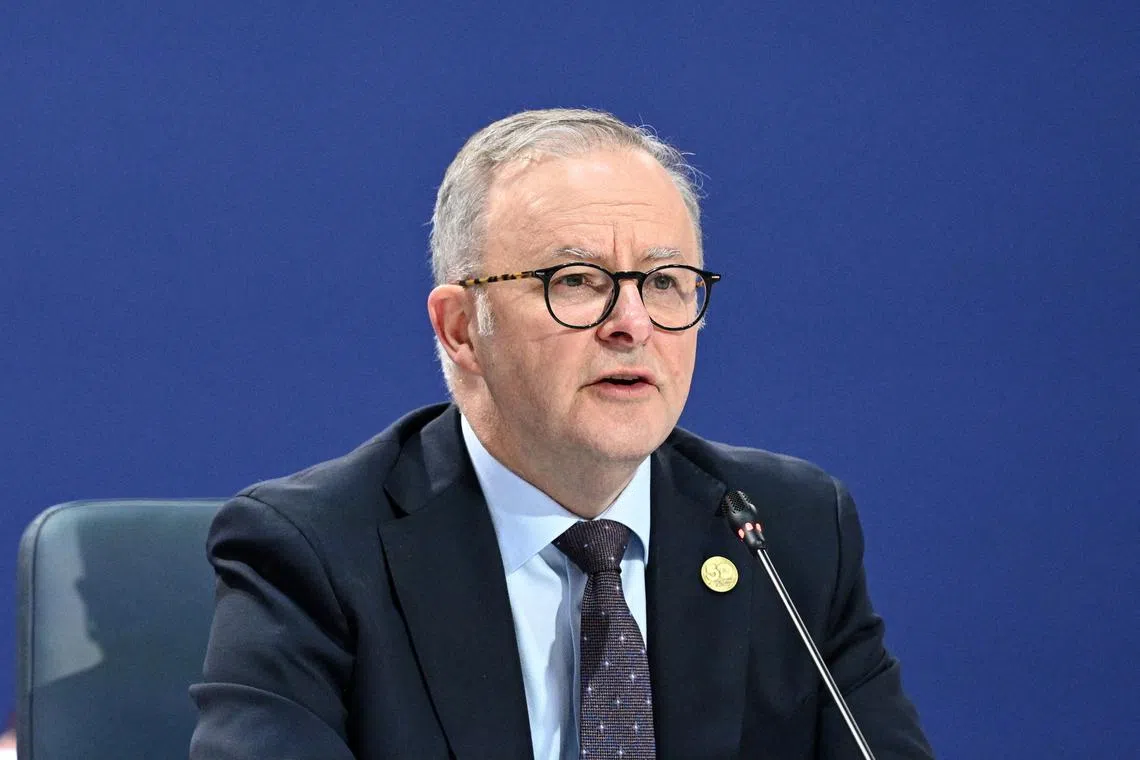 FILE PHOTO: Australian Prime Minister Anthony Albanese gives an address to the Leaders’ Plenary during the 2024 ASEAN-Australia Special Summit at the Melbourne Convention and Exhibition Centre in Melbourne, Australia, March 6, 2024.    JOEL CARRETT/Pool via REUTERS/File Photo