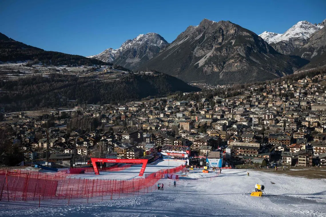 A general view of Bormio and the Olympic slope for the men's alpine events of the Milan Cortina 2026 Winter Olympics.