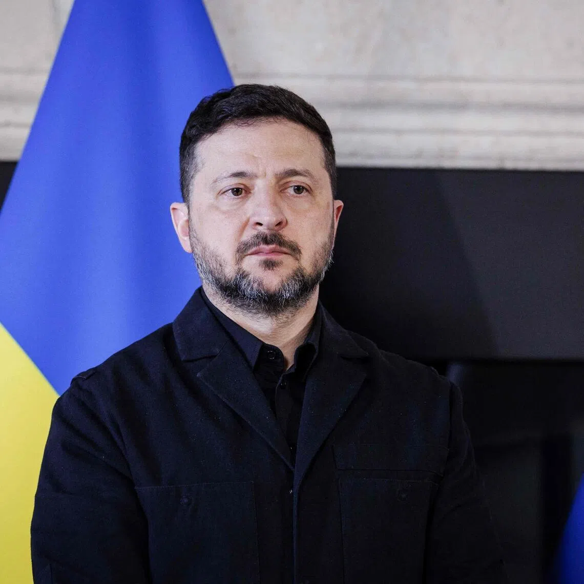 Ukrainian President Volodymyr Zelensky taking part in a press briefing during a visit to the Netherlands on April 16.