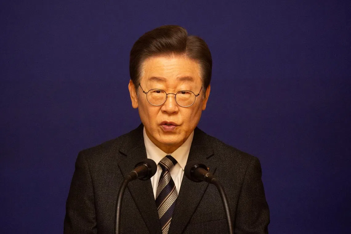 FILE PHOTO: Lee Jae-myung, leader of the main opposition Democratic Party, speaks during 2024 New Year's press conference at National Assembly in Seoul, South Korea, 31 January 2024.     JEON HEON-KYUN/Pool via REUTERS/File Photo