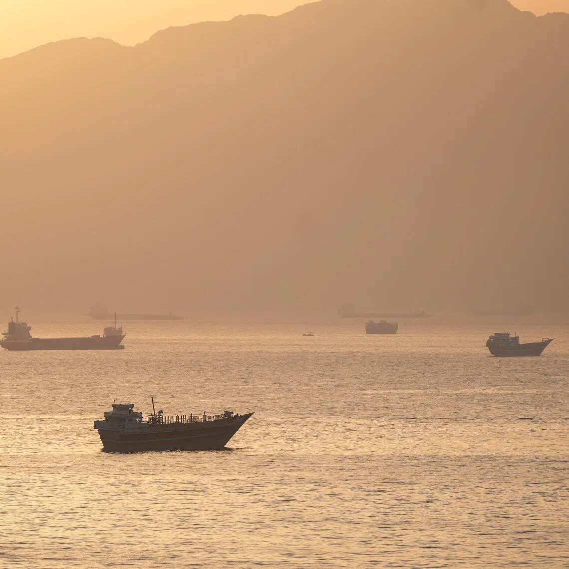 Vessels anchored in the Strait of Hormuz, as seen from Musandam, Oman, on May 30.