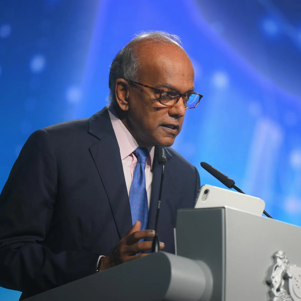 Coordinating Minister for National Security and Minister for Home Affairs K. Shanmugam speaking at the Milipol TechX Summit on April 28.