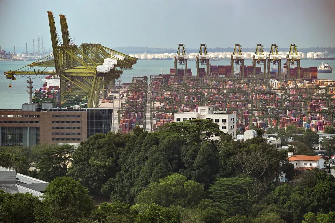 ST20230217-202395560679-Lim Yaohui-pixgeneric/
Quay cranes and containers at PSA Pasir Panjang Terminal and Pulau Bukom (background), situated in the southwest of Singapore and houses an oil refinery, which is a part of Shell Eastern Petroleum Pte Ltd, on Feb 17, 2023.
Can be used for stories on PSA, port, ship, economy, container, terminal, trade, berth, budget, transhipment, supply chain, operator, business, money, property, land, finance, and financial.
(ST PHOTO: LIM YAOHUI)