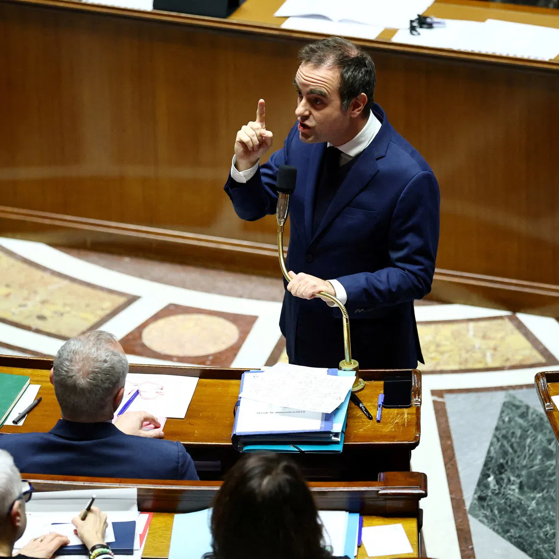 French Prime Minister Sebastien Lecornu gestures as he speaks during the questions to the government session at the National Assembly in Paris, France, December 16, 2025. REUTERS/Sarah Meyssonnier     TPX IMAGES OF THE DAY