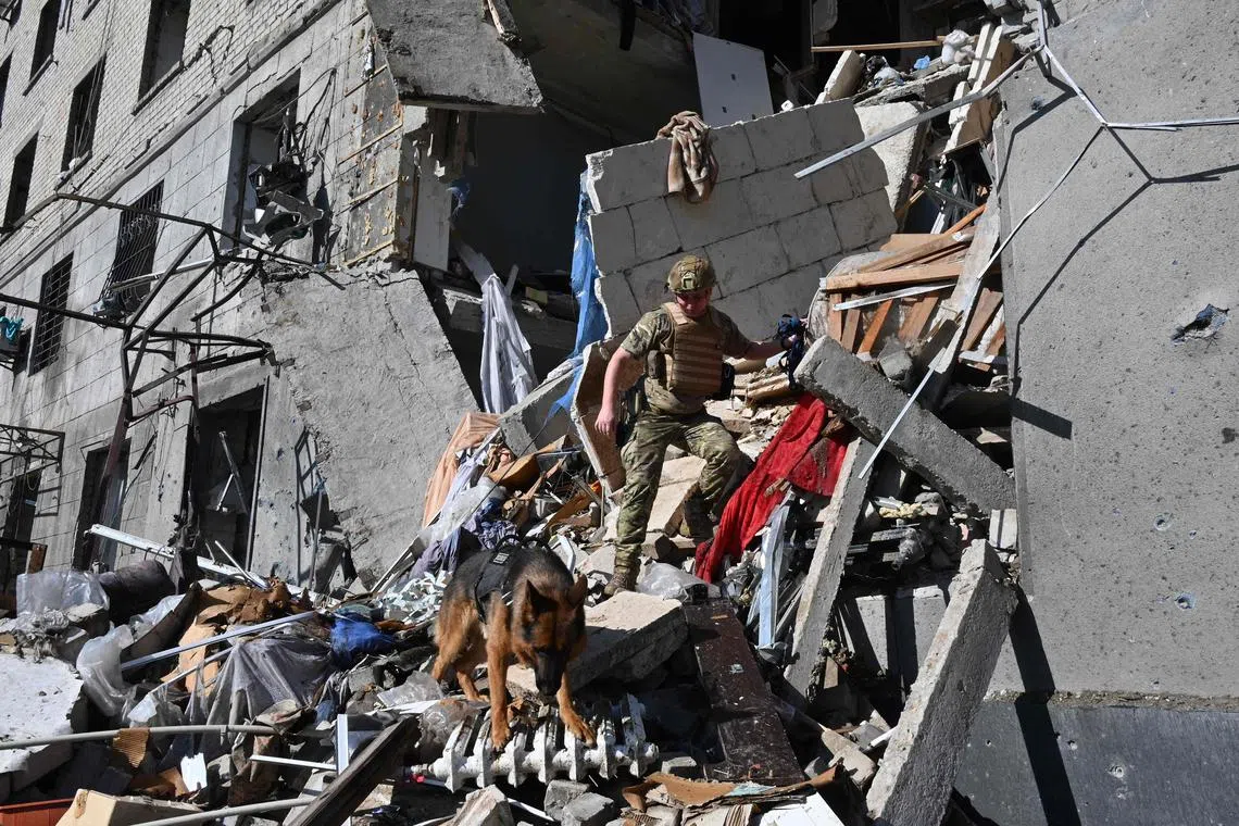 A rescuer and a service dog search for survivors at the site of a destroyed residential building in Kharkiv, Ukraine.
