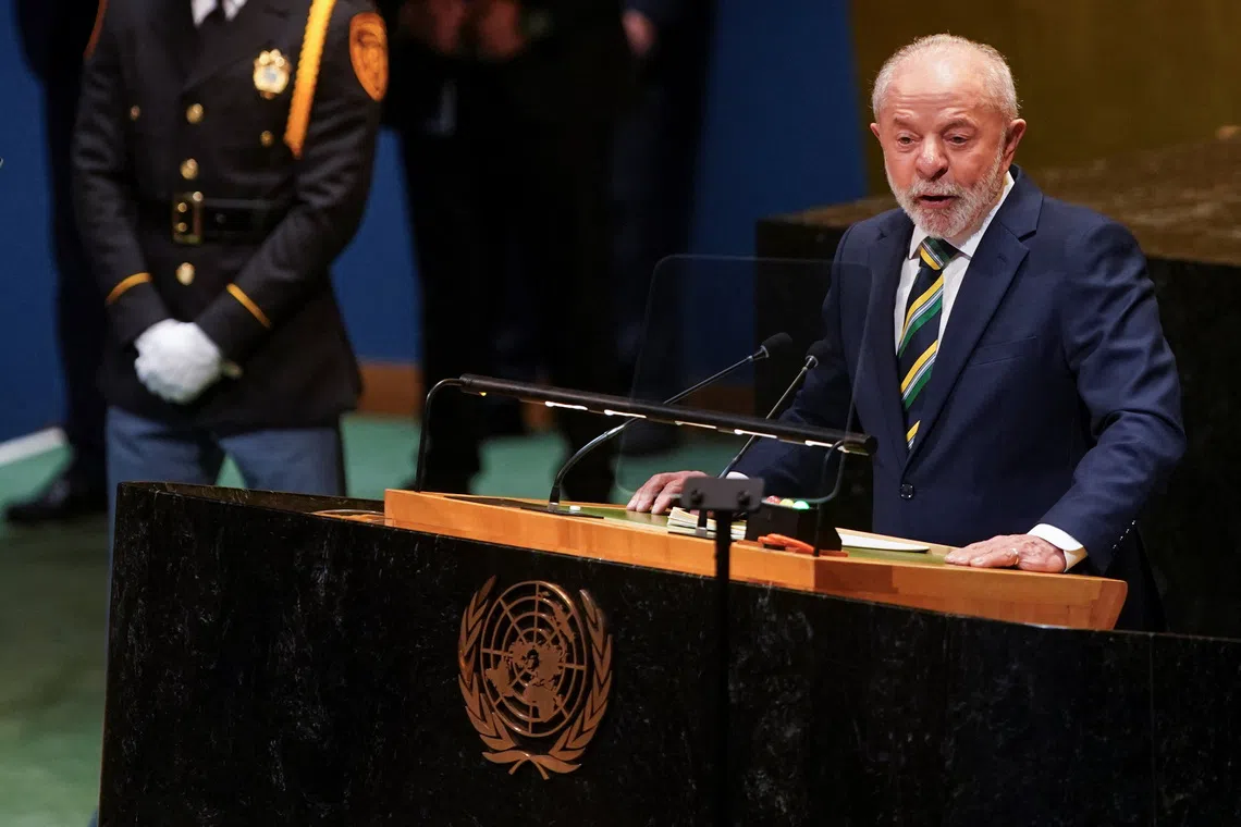 Brazil's President Luiz Inacio Lula da Silva addresses the 80th United Nations General Assembly at U.N. headquarters in New York, U.S., September 23, 2025.  REUTERS/Al Drago