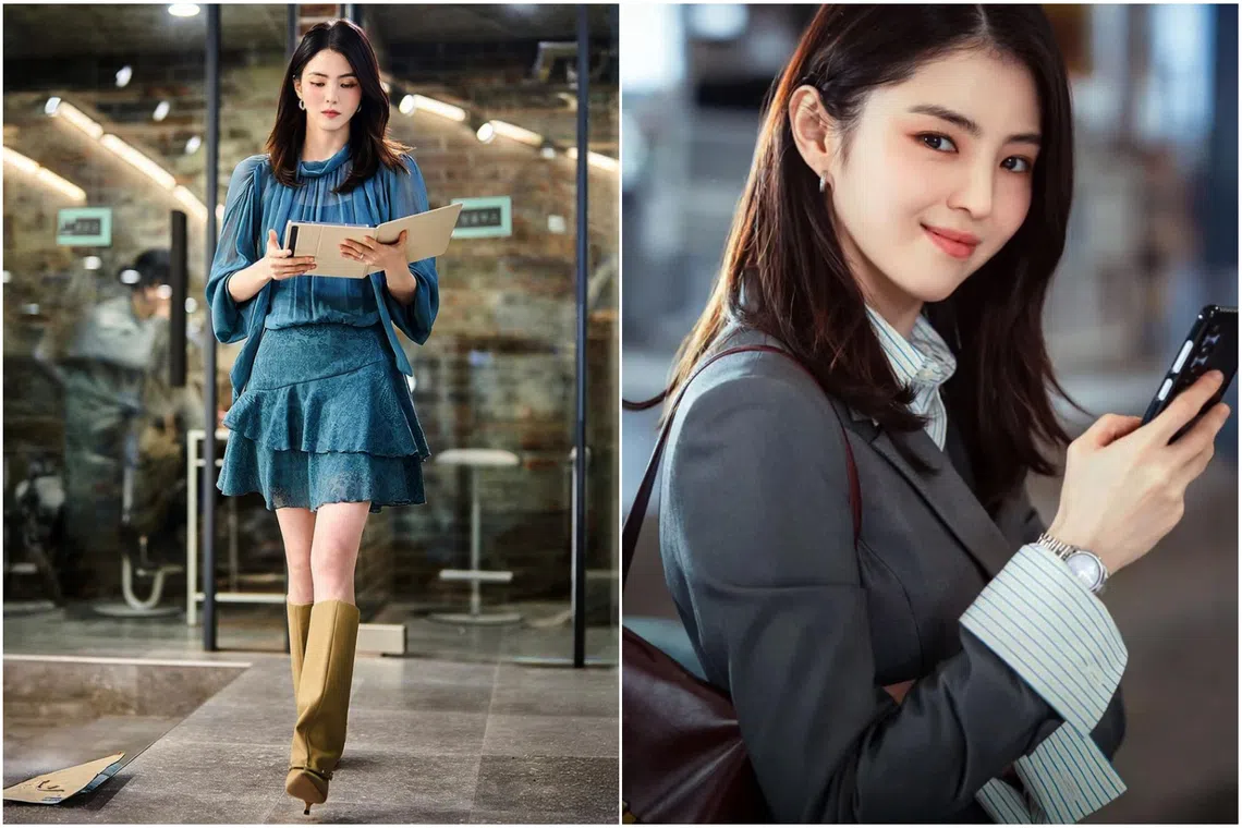 Han So Hee wears the Gael Studded Convertible Kitten-Heel Knee-High Boots (left), and carries the Kerry Top Handle Satchel Bag.