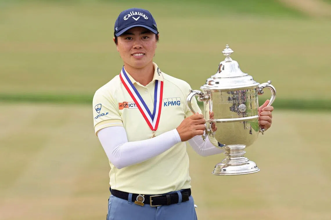 Yuka Saso of Japan posing with the Harton S. Semple trophy following the final round of the U.S. Women's Open.
