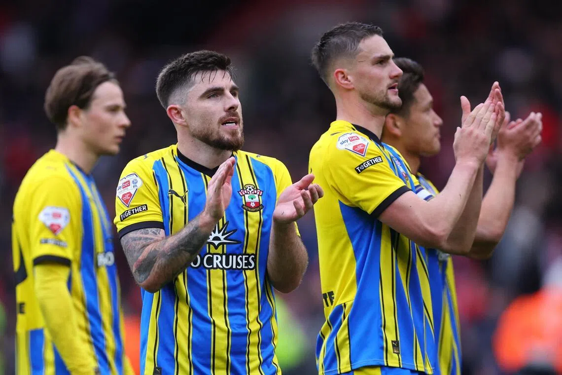 Southampton's Ryan Manning applauding fans after their match against Middlesbrough on May 12.
