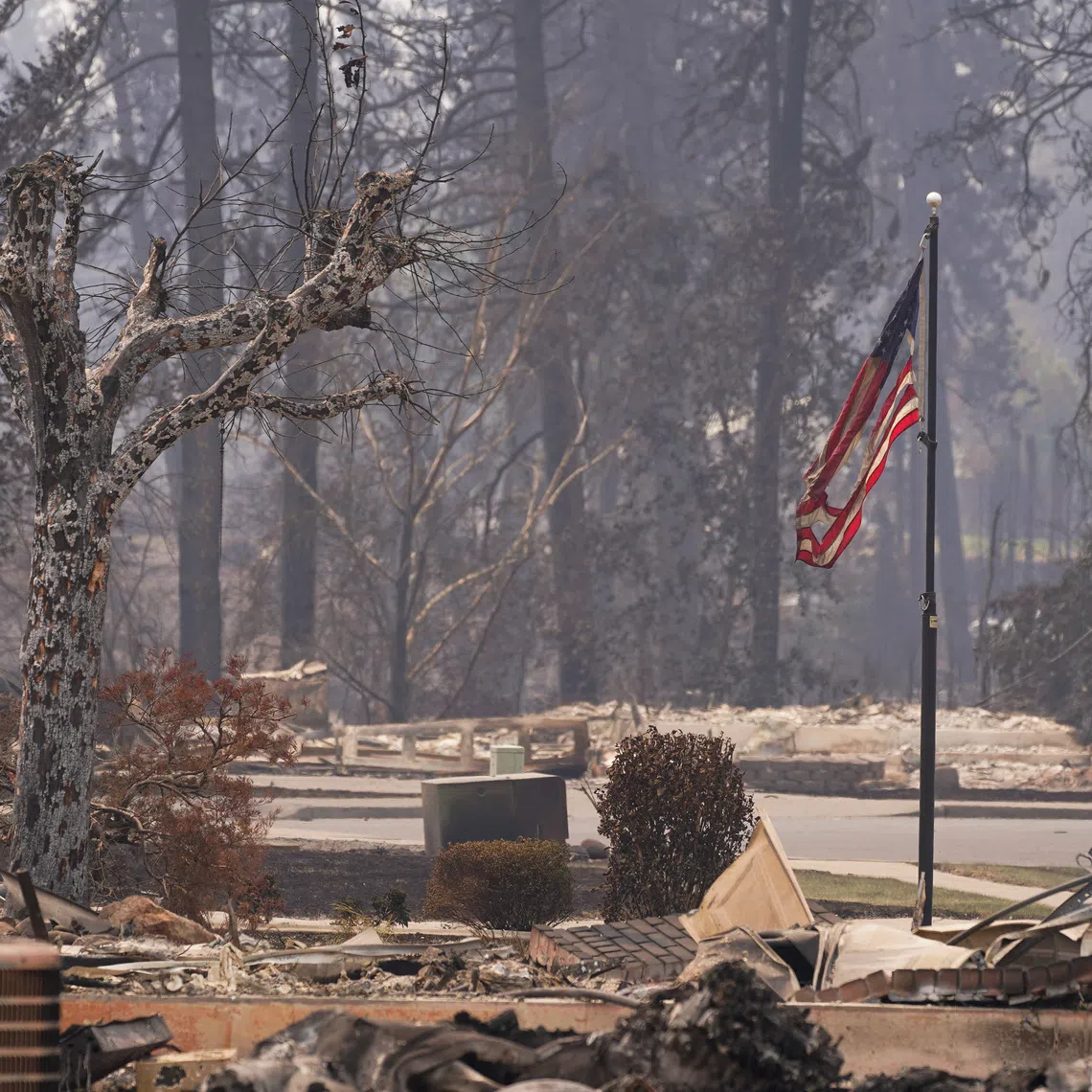 A torn American flag flutters among incinerated neigbourhood in the Old Trails Fire, in Spokane, Washington, U.S., August 3, 2026. REUTERS/David Ryder