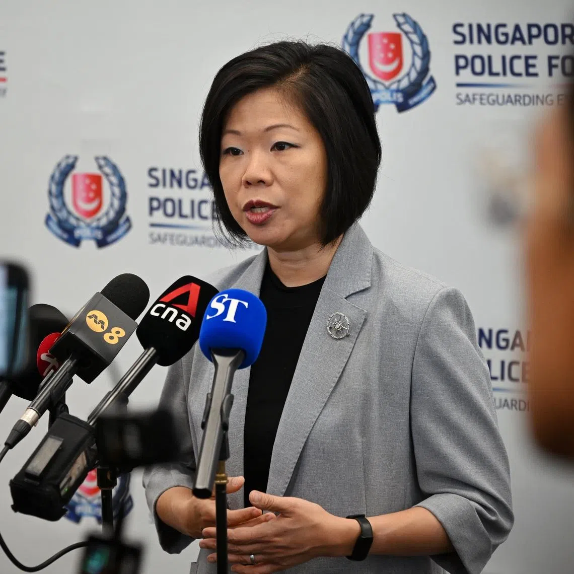 Senior Minister of State for Home Affairs Sim Ann speaking to media at the Sexual Crime Awareness held at the Police Cantonment Complex on April 27. 