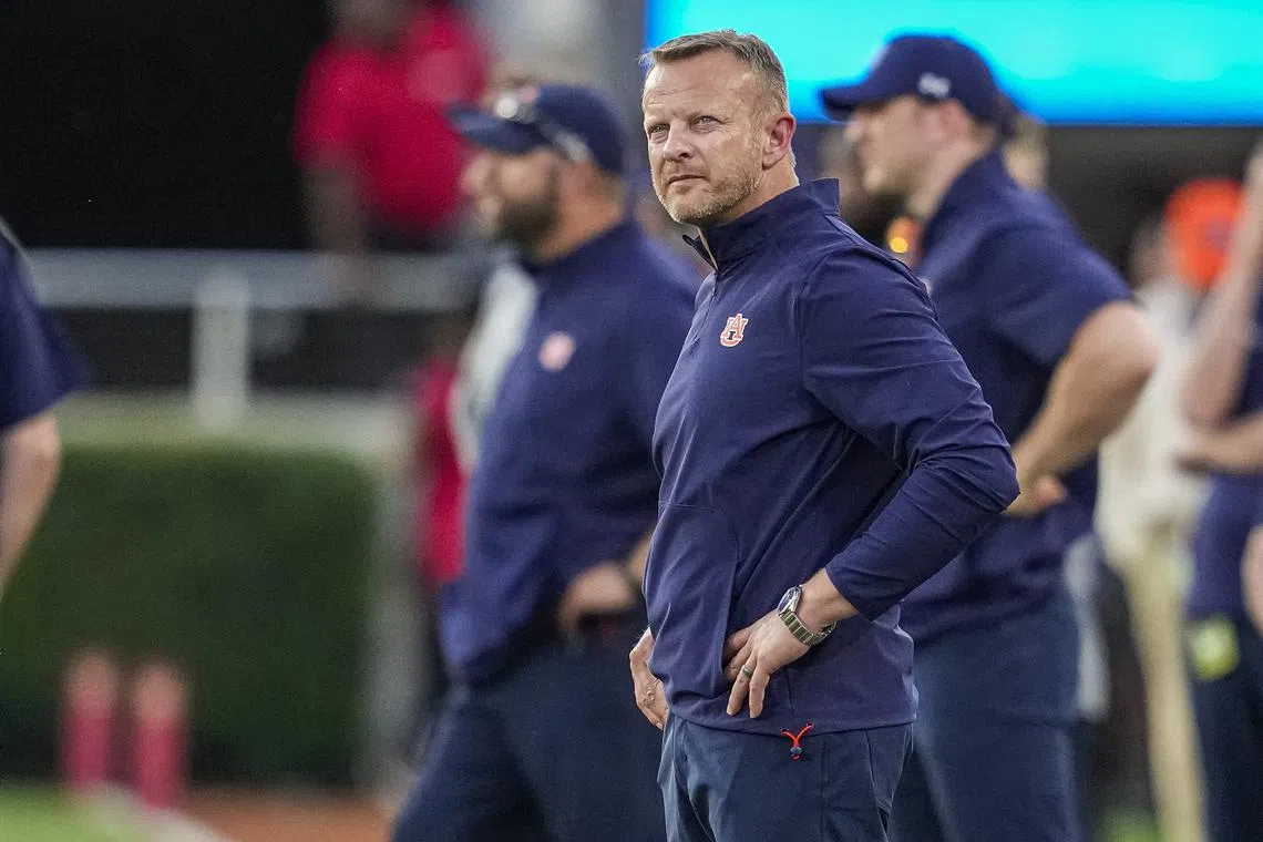 Oct 8, 2022; Athens, Georgia, USA; Auburn Tigers head coach Bryan Harsin looks towards the scoreboard against the Georgia Bulldogs during the second half at Sanford Stadium. Mandatory Credit: Dale Zanine-USA TODAY Sports/ File Photo