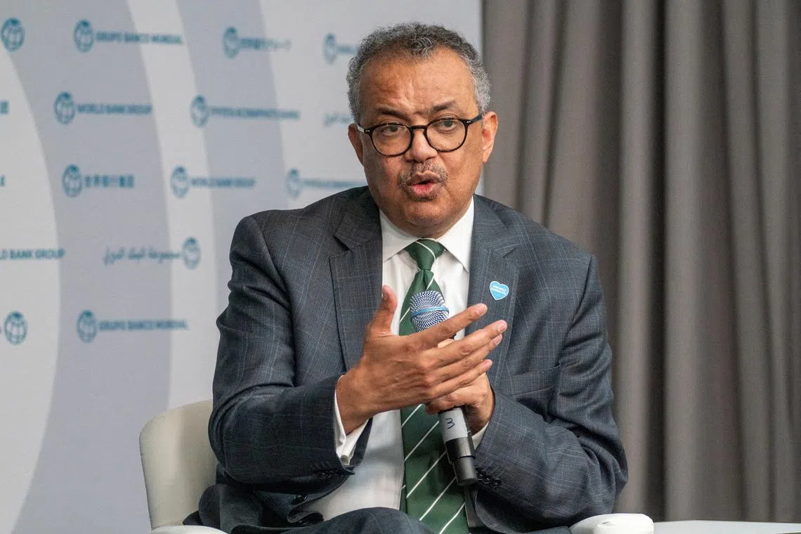 FILE PHOTO: World Health Organization Director-General Tedros Adhanom Ghebreyesus speaks during an event about expanding health coverage for all during the IMF and World Bank’s 2024 annual Spring Meetings in Washington, U.S., April 18, 2024. REUTERS/Ken Cedeno/File Photo