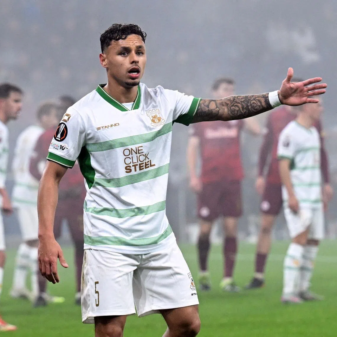 Soccer Football - UEFA Europa League - RB Salzburg v Go Ahead Eagles - Red Bull Arena Salzburg, Salzburg, Austria - November 6, 2025 Go Ahead Eagles' Dean James reacts REUTERS/Angelika Warmuth