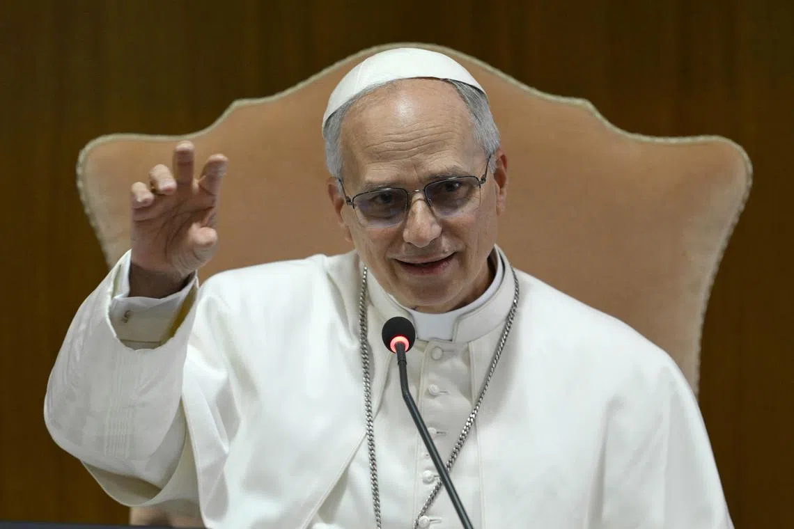 Pope Leo XIV gesturing as he attends a meeting with cardinals in Vatican City, on May 10. 