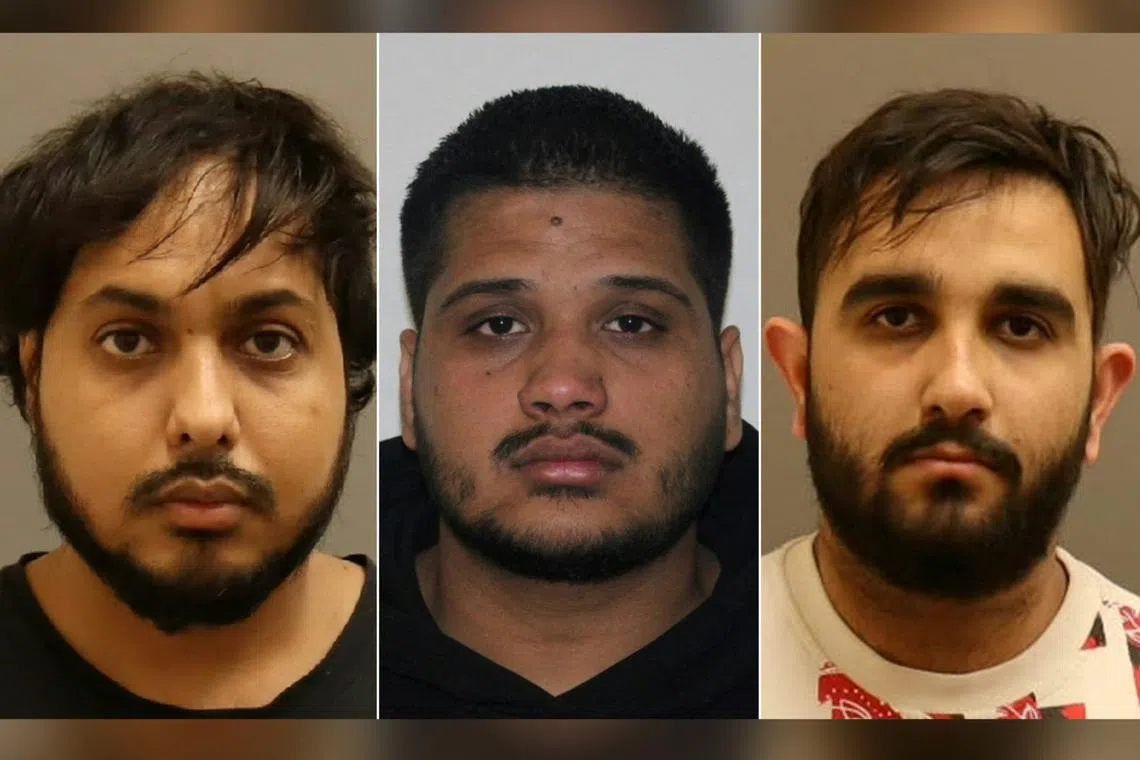 (From left) Karanpreet Singh, Kamalpreet Singh and Karan Brar are charged with first-degree murder and conspiracy to commit murder of Sikh separatist leader Hardeep Singh Nijjar in 2023.