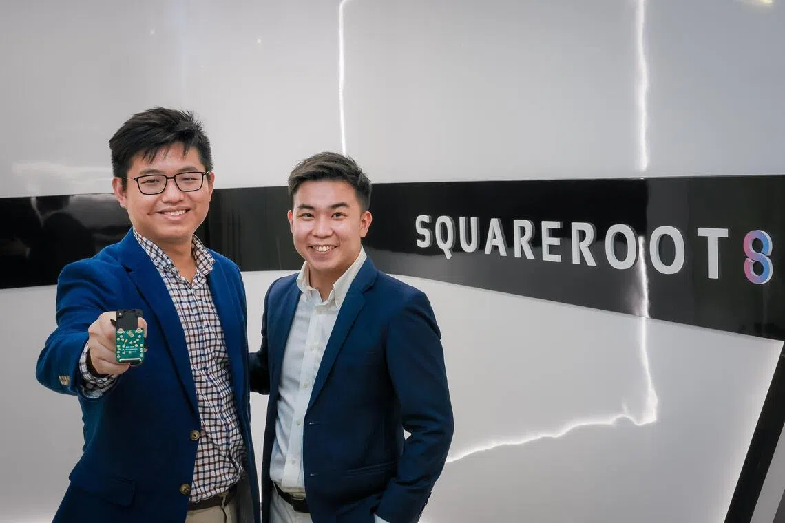 Squareroot8 Technologies Chief Executive Officer Cristofer Quek (right) and Chief Technologist and Co-founder Dr Goh Koon Tong (left) holding their chip-based Quantum Random Number Generator (QRNG) at their launch event held at ALICE @ Mediapolis on Sep 26, 2025.