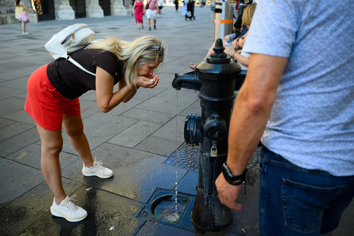 A person drinks at a public fountain near St. Stephen’s Cathedral during a heatwave in Vienna, Austria, August 3, 2026. REUTERS/Elisabeth Mandl