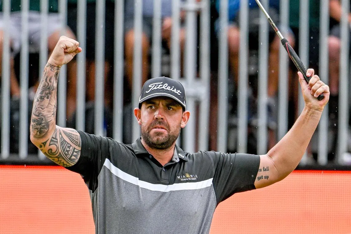 Former Australian motorcycle gang member-turned-golfer Ryan Peake celebrates his win to qualify for the 2025 British Open.