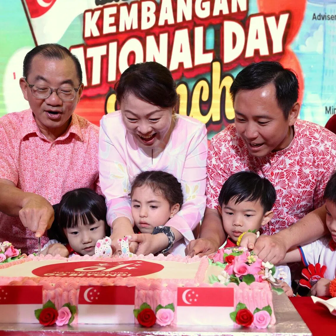 Marine Parade-Braddell Heights GRC MPs Mr Seah Kian Peng, Ms Diana Pang Li Yen and Mr Goh Pei Ming at Kembangan National Day Lunch on Aug 2.