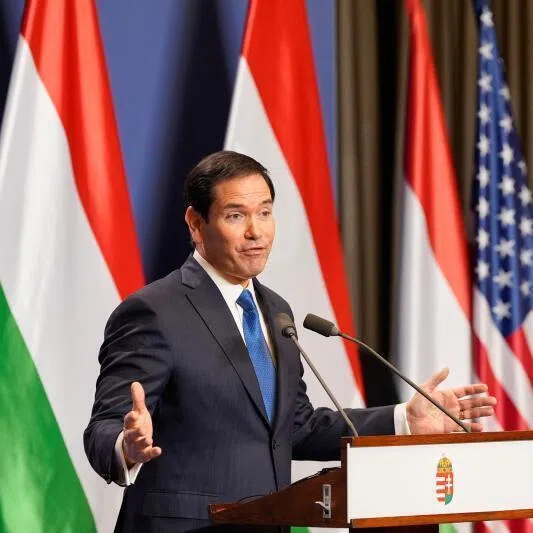Hungary's Prime Minister Viktor Orban (right) and US Secretary of State Marco Rubio at a joint press conference following talks during a visit in Budapest, Hungary, on Feb 16, 2026.