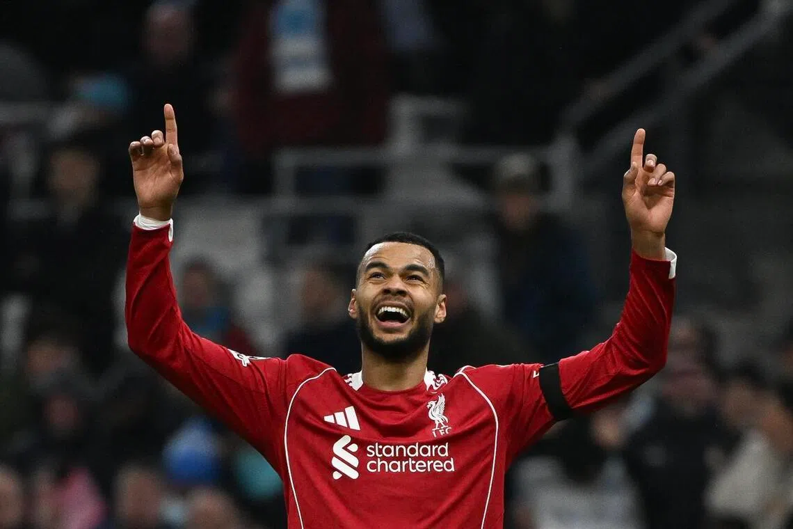 Liverpool forward Cody Gakpo celebrates after scoring his team's third goal against Marseille on Jan 21.