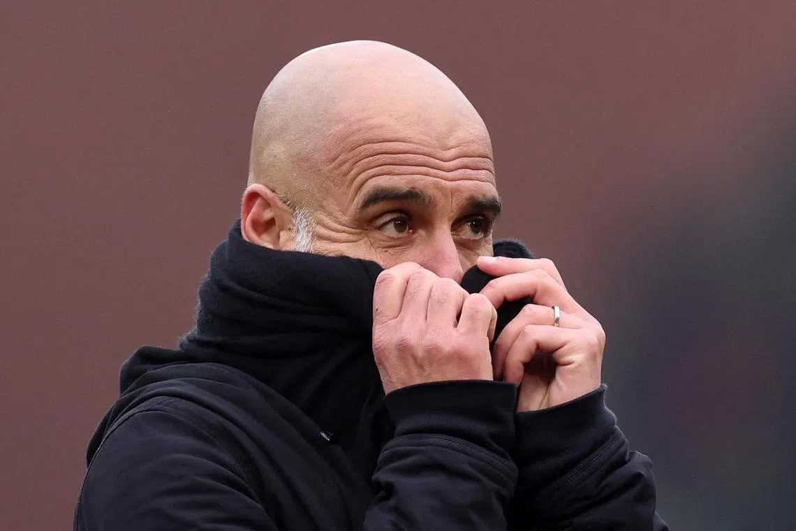 Manchester City manager Pep Guardiola reacting after a 2-1 FA Cup win over Leyton Orient at Brisbane Road on Feb 8.