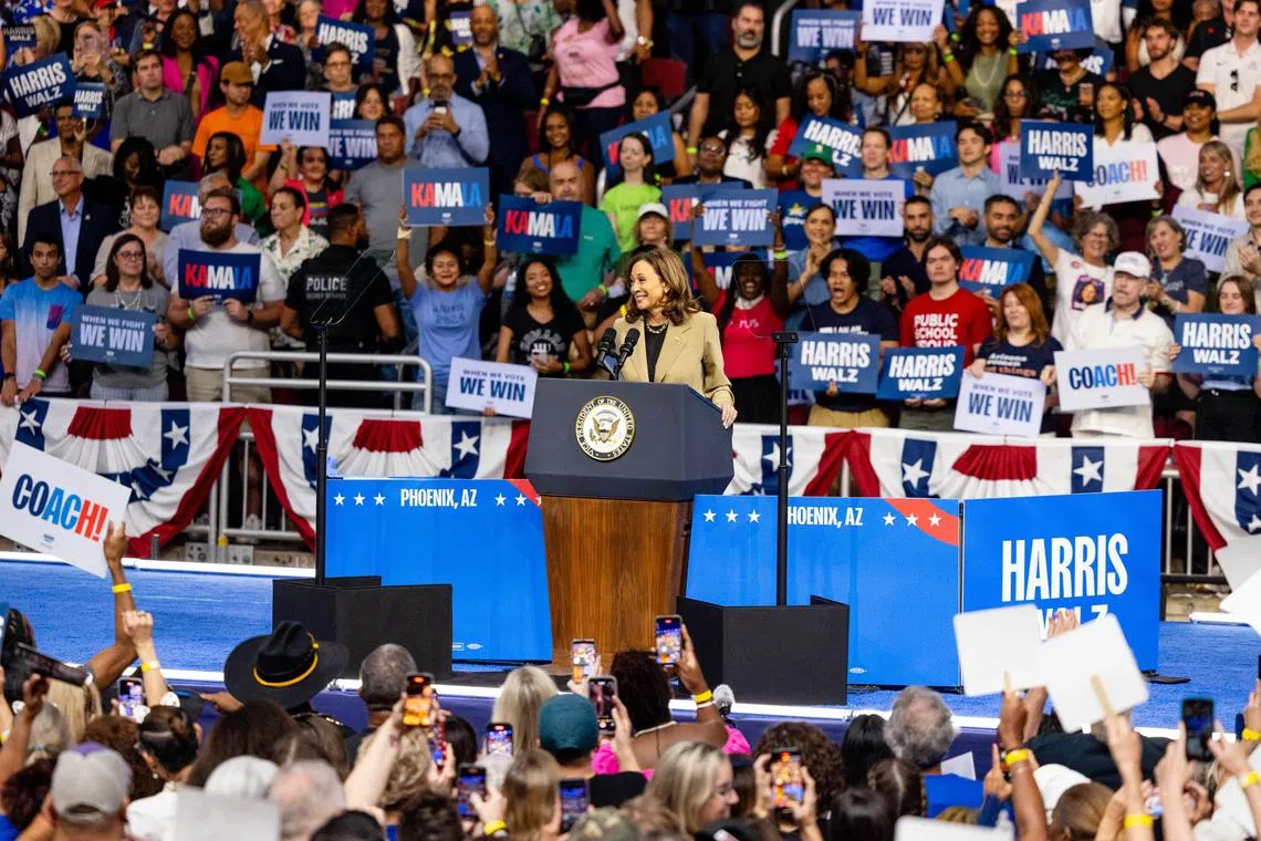epa11541505 Democratic presidential candidate US Vice President Kamala Harris speaks during a campaign rally at the Desert Diamond Arena in Phoenix, Arizona, USA, 09 August 2024.  EPA-EFE/CASSIDY ARAZIA