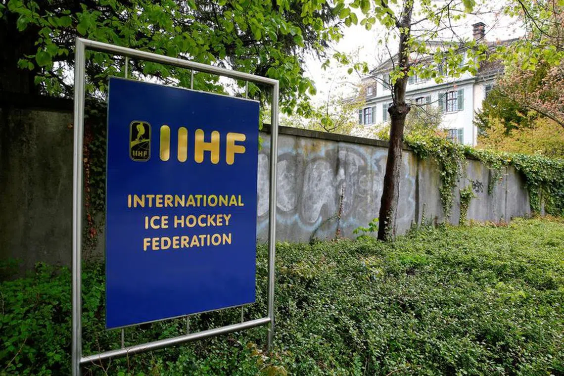 FILE PHOTO: The logo of the International Ice Hockey Federation (IIHF) is seen in front of its seat in Zurich, Switzerland April 26, 2016. REUTERS/Arnd Wiegmann/File Photo