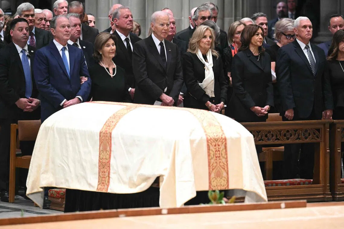Guests at the funeral for former US vice-president Dick Cheney included (from left) former US president George W. Bush, his wife Laura Bush, former US president Joe Biden, his wife Jill Biden, former US vice-president Kamala Harris, former US vice-president Mike Pence and his wife Karen Pence.