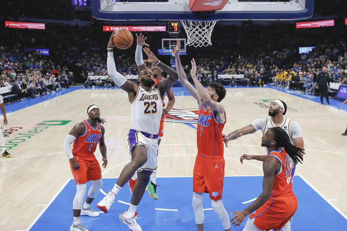 Los Angeles Lakers forward LeBron James driving to the basket for a dunk against the Oklahoma City Thunder during the second half at Paycom Centre. He had 40 points, seven rebounds and seven assists in the Lakers' 129-120 road win.