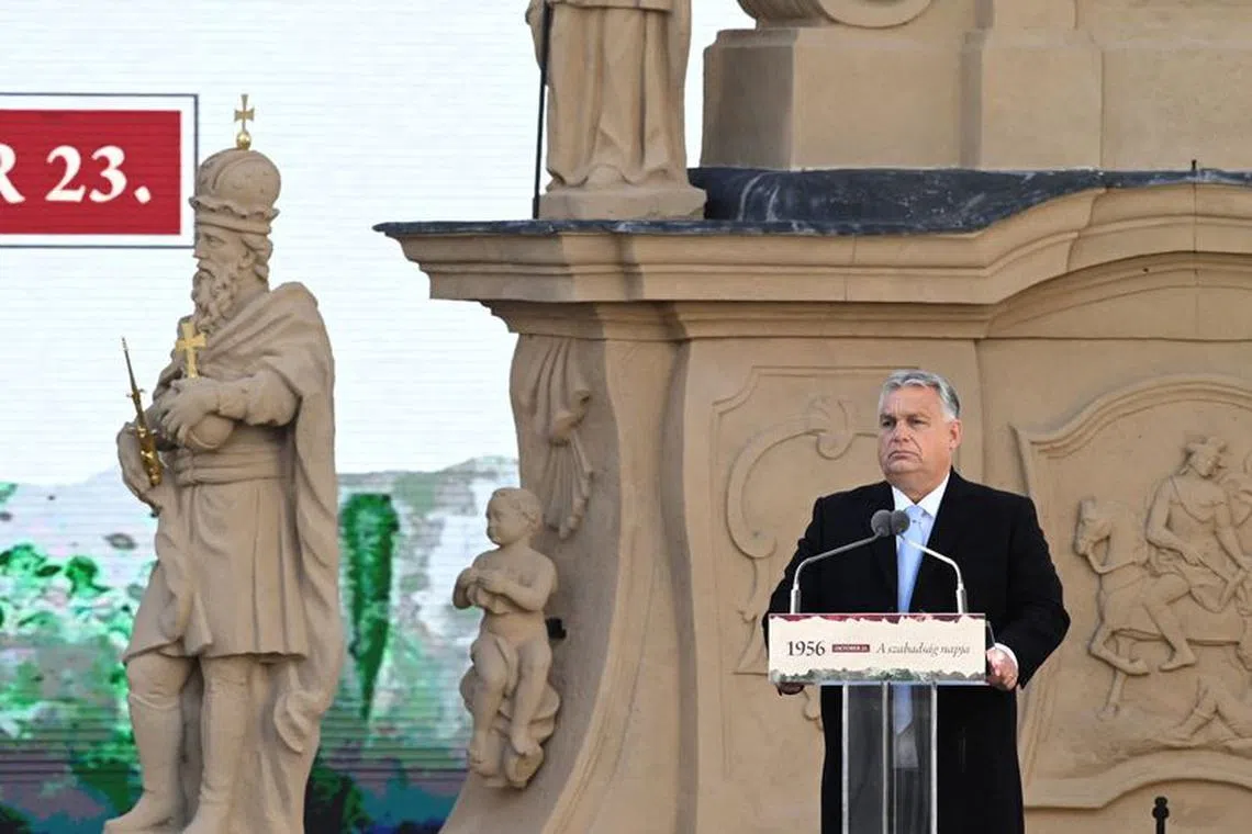 Hungarian Prime Minister Viktor Orban delivers a speech during the celebrations of the 67th anniversary of the Hungarian Uprising of 1956, in Veszprem, Hungary, October 23, 2023. Szilard Koszticsak/Pool via Reuters