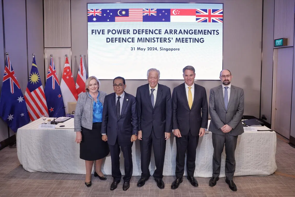 (From left) New Zealand Defence Minister Judith Collins, Malaysian Defence Minister Mohamed Khaled Nordin, Singapore’s Defence Minister Ng Eng Hen, Australian Defence Minister Richard Marles and UK Director General (Security Policy) Paul Wyatt at the 12th FPDA Defence Ministers’ Meeting, on May 31.