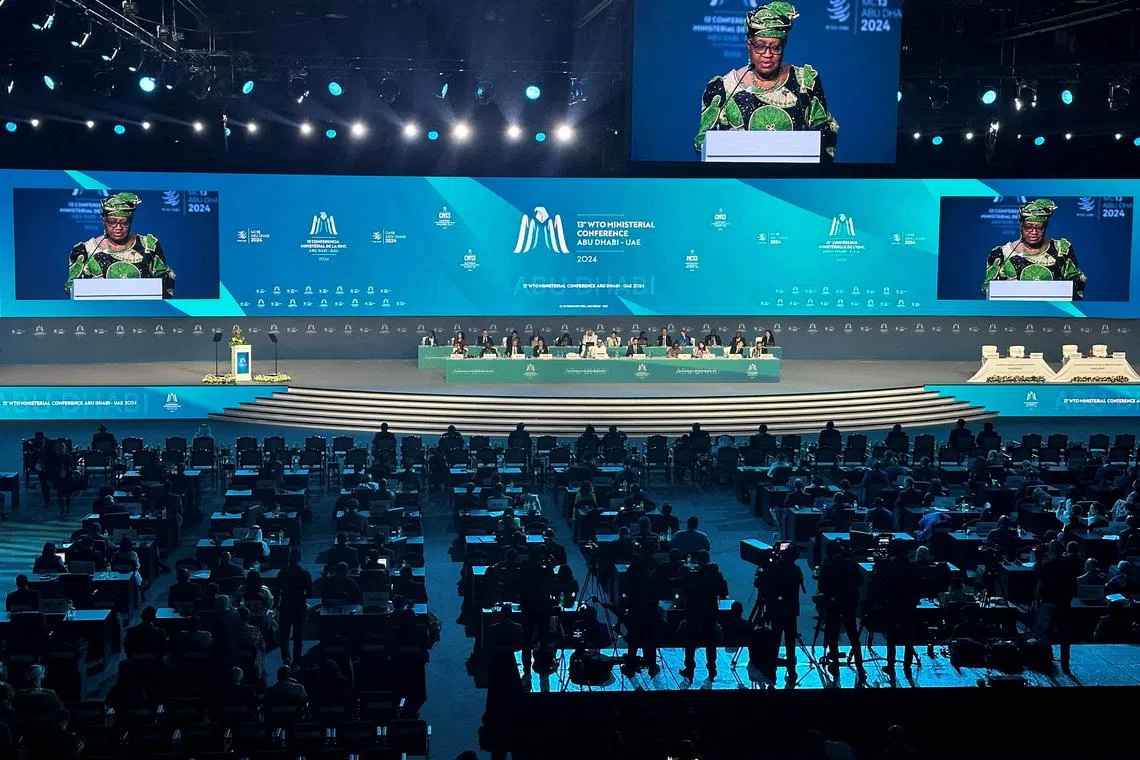 FILE PHOTO: Director-General of the World Trade Organization Ngozi Okonjo-Iweala speaks during the opening ceremony of the WTO ministerial meeting in Abu Dhabi, United Arab Emirates, February 26, 2024. REUTERS/Abdel Hadi Ramahi/File Photo