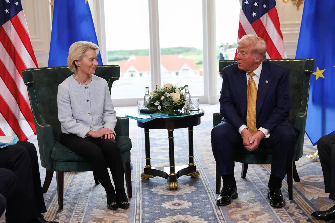 US President Donald Trump (right) meeting European Commission president Ursula von der Leyen, in Turnberry, Scotland, on July 27.