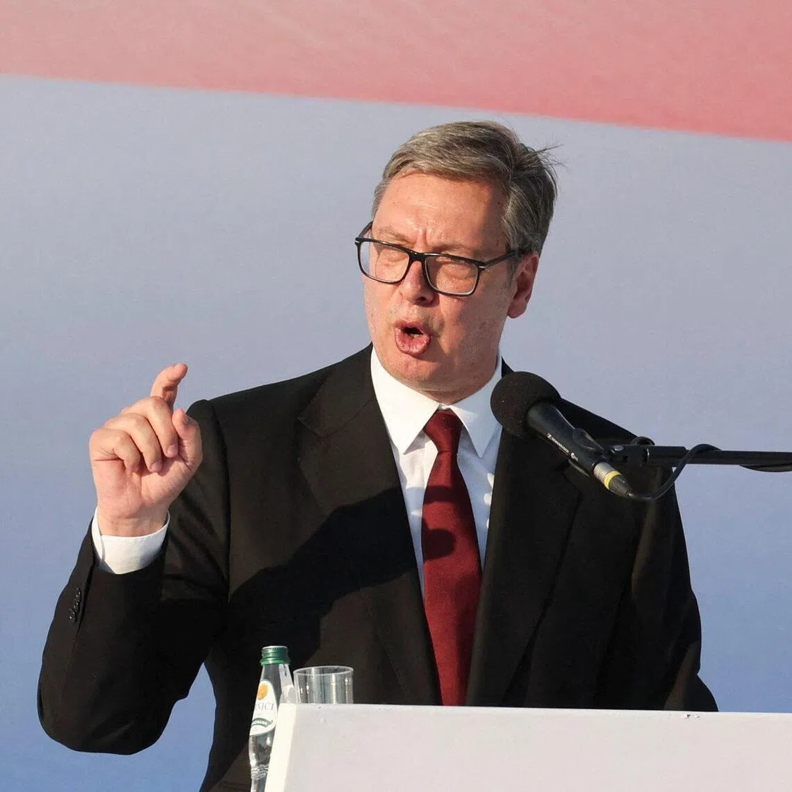 Serbian President Aleksandar Vucic speaks during a rally in Belgrade, Serbia, June 27, 2026. REUTERS/Djordje Kojadinovic