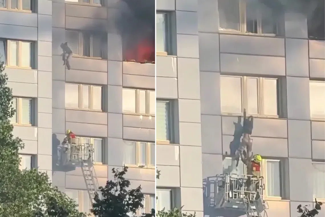 Emergency responders work on ladders against the side of a building with smoke coming from a window.