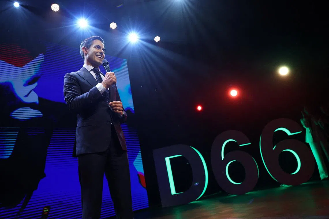 Democrats 66 (D66) party leader Rob Jetten speaks following the first exit poll result in the Dutch parliamentary elections in Leiden, Netherlands, October 29, 2025. REUTERS/Piroschka van de Wouw