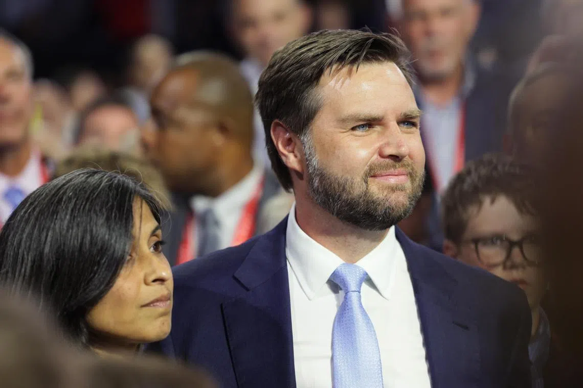 Republican Senator from Ohio JD Vance and his wife Usha arrive to accept his vice-presidential nomination on the opening day of the Republican National Convention in Milwaukee on July 15. 