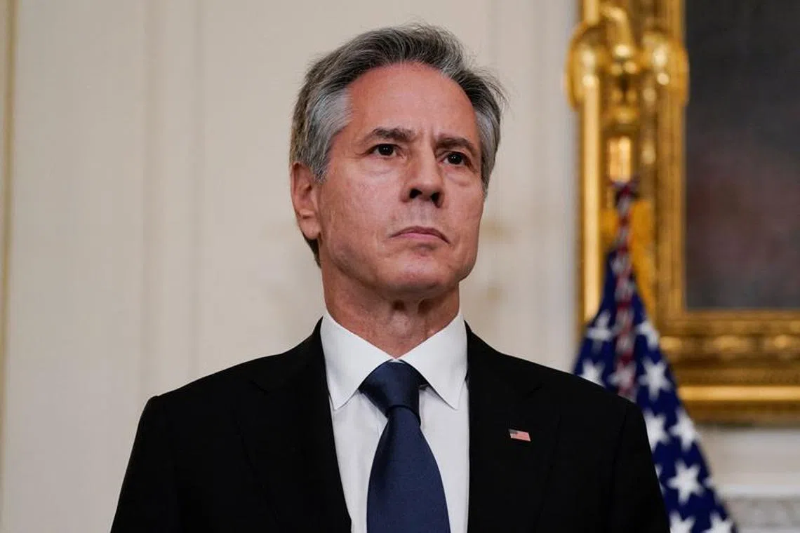 U.S. Secretary of State Antony Blinken looks on, as U.S. President Joe Biden (not pictured) speaks about the conflict in Israel, after Hamas launched its biggest attack in decades, while making a statement about the crisis, at the White House in Washington, U.S. October 7, 2023. REUTERS/Elizabeth Frantz