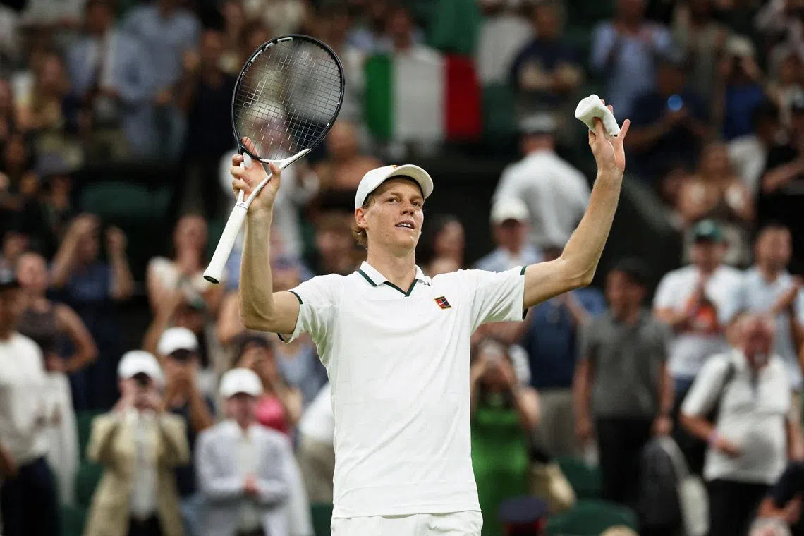 Tennis - Wimbledon - All England Lawn Tennis and Croquet Club, London, Britain - July 5, 2026 Italy's Jannik Sinner celebrates winning his fourth round match against Japan's Shintaro Mochizuki REUTERS/Marko Djurica